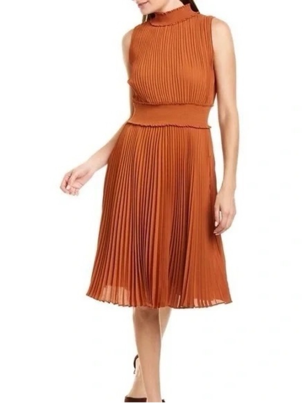 Nanette Lepore Terracotta Pleated Midi Dress Sleeveless Flowy Boho Minimalist